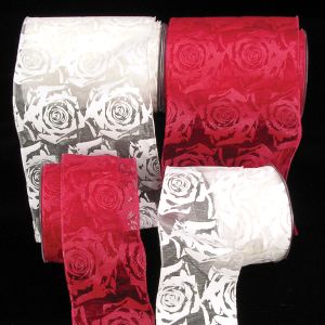 Wire Edge Sheer Print Roses Ribbon
