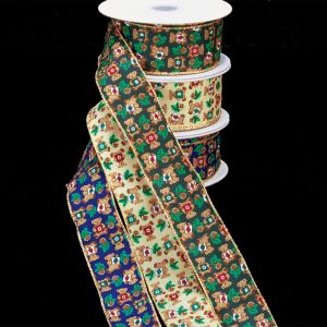 Wired Cotton Print Holiday Bear Ribbon