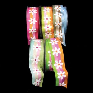 Wired Woven Color Stripes Flowers Ribbon