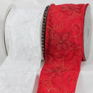 Wired Poinsettia Stitched Ribbon