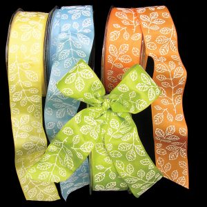 Wired Taffeta Print Leaves Ribbon