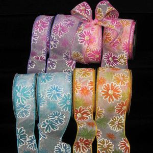 Wired Sheer Iridescent Flowers Ribbon