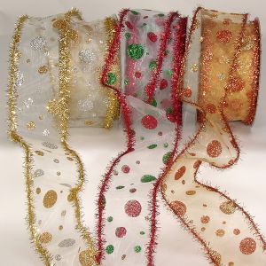 Fuzzy Wire Edge Sheer Multi Dots Ribbon