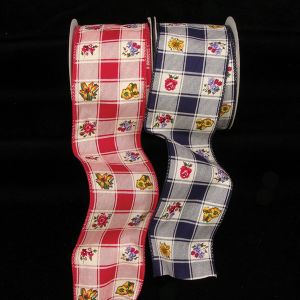 Wire Edge Print Checkered Floral Ribbon