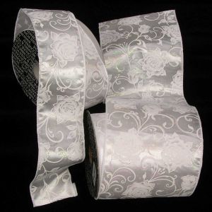 Wired Satin White Roses Ribbon